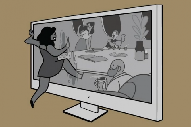 illustration of woman climbing into a computer screen to join colleagues meeting in a conference room