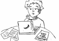 illustration of student sitting at table with pamphlets and laptop