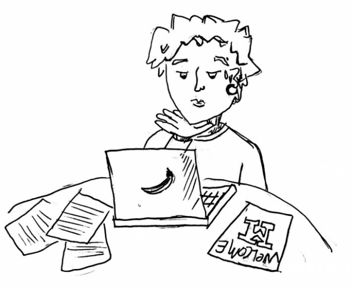 illustration of student sitting at table with pamphlets and laptop