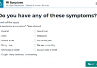 (Image of a page from the "MI Symptoms" online health test. The page lists symptoms of COVID-19.)