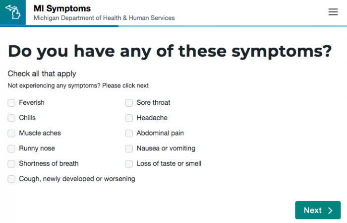 (Image of a page from the "MI Symptoms" online health test. The page lists symptoms of COVID-19.)