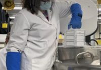 Vici Blanc, Ph.D., director of the U-M Central Biorepository, lifts a rack of blood samples out of the dedicated freezer for COVID-19 samples.