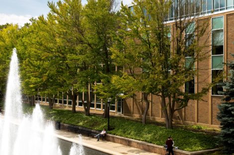 (Photo of a building with trees and a fountain in front of it.)