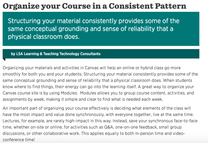 (Screengrab of the full article which offers advice on organizing course material online.)