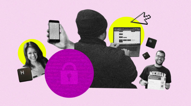 (Graphic of three people, the one in the middle turned with their back to the camera, interspersed with graphics of a phone, a laptop, and a few keyboard keys.)
