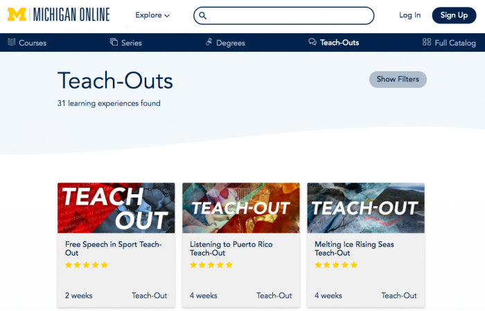 (Screengrab of the University's Teach-Outs homepage. It has three visible courses: one called "Free Speech in Sport Teach-Out," another called, "Listening to Puerto Rico Teach-Out," and another called, "Melting Ice Rising Seas Teach-Out."