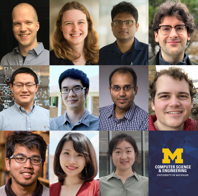 (A collage of portraits of the new faculty. Top: Greg Bodwin, Laura Burdick, Mithun Chakraborty, Paul Grubbs; Center: Anhong Guo, Xin He, YatinManerkar, Max New; Bottom: Thatchaphol Saranurak, Lu Wang, Xu Wang.)