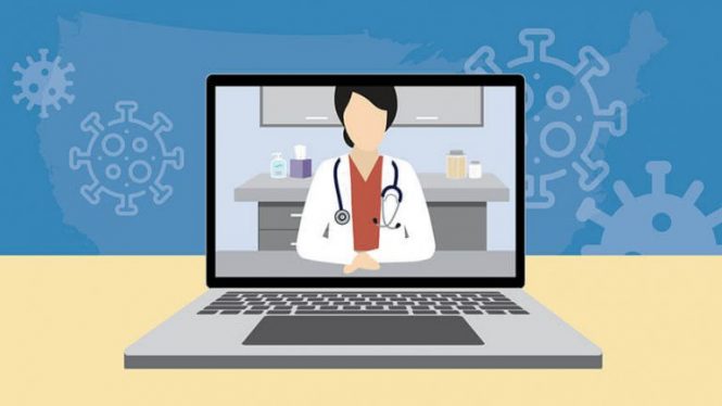 female physician on laptop screen
