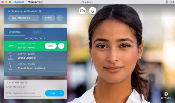 young woman on bluejean interface screen