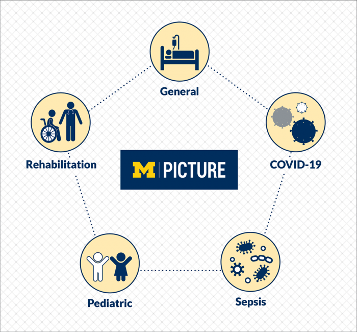 An infographic showing the relationship between general health, COVID-19, sepsis, pediatric health, and rehabilitation. 