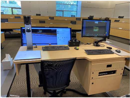 A view of the instructor's in-classroom set up that includes a desk, confidence monitor, computer monitor, keyboards, and a laptop. 