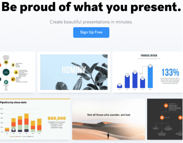 "Be proud of what you present." This images shows a collage of presentation templates. 