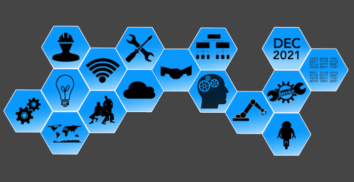 16 connected honeycomb shapes with icons inside that include a lightbulb, gears, a cloud, and the retirement date of Dec. 2021.