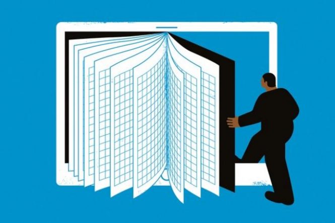 Person walking into a ledger type notebook
