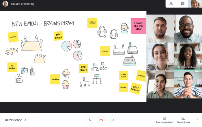 Google Meet session. On left is an open jam with post-it notes and drawings. On the right are the images of the participants.