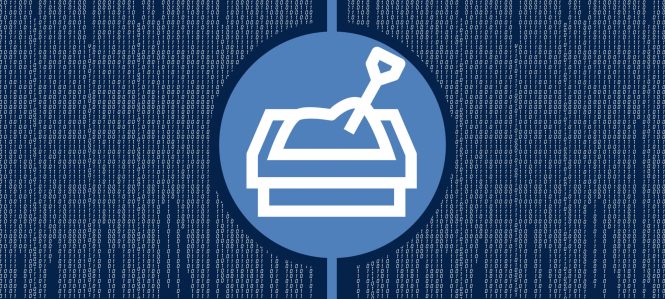 illustration of sandbox with shovel over computer code background