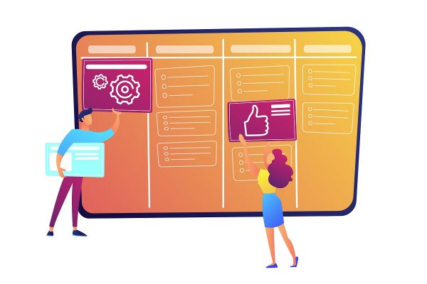 Programmers putting cards on kanban board vector illustration. Scrum planning of teamwork and agile organizer, project management system, startup and management concept. Isolated on white background.