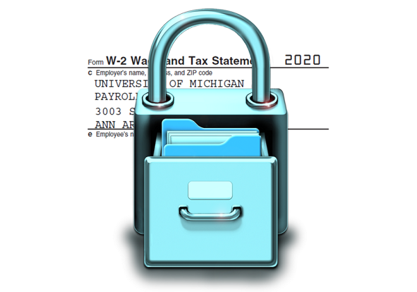 filedrawer and padlock over U-M W-2 statement