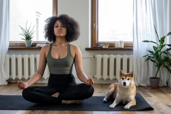 Young african american woman in apartment meditating, dog next to her.