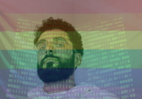 Young african american man superimposed over rainbow flag and code screen