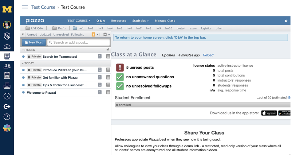 Screenshot of Piazza dashboard