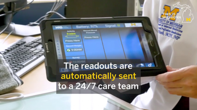 Tablet with word overlay: The readouts are automatically send to a 24/7 care team.