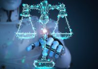 Internet law concept with 3d rendering ai robot with law scale