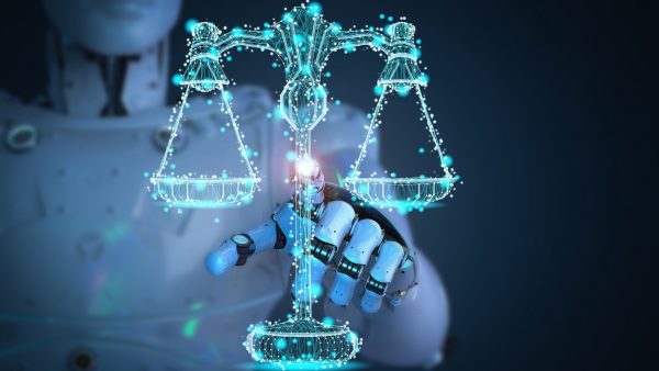 Internet law concept with 3d rendering ai robot with law scale