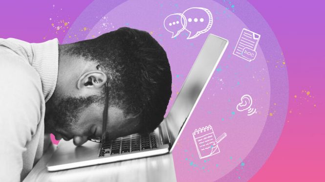 Young black man with glasses, head resting on laptop keyboard.