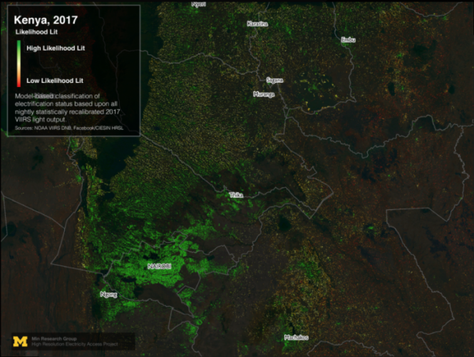 An aerial view of Kenya at night, with concentrations of green dots that display areas that are electrified.