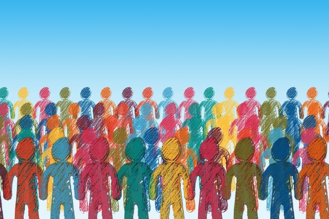 A crowd of human outlines in a rainbow of colors.