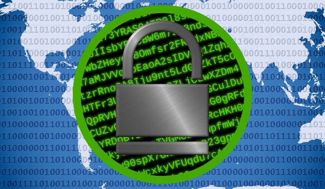 A lock on top of a green computer code on top of a globe.