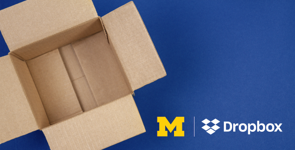 An open moving box shown from an above angle, blue background, Block M logo, Dropbox logo