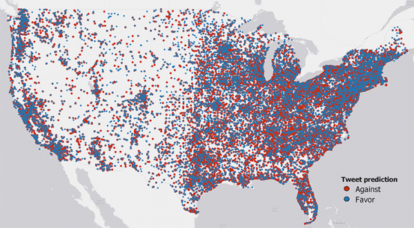 A map of the United States with blue and red dots indicating climate change acceptance.