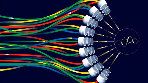 Multicolored wires connecting to white, round shapes shown to receive gold arrows indicating ultrasound waves. 