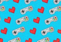 A tessellated pattern of pixelated hearts and Nintendo controllers.