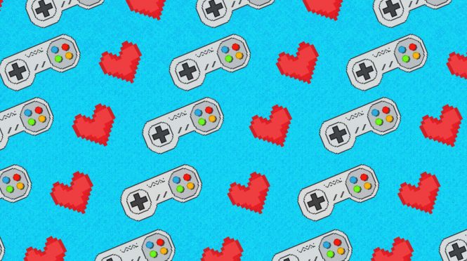 A tessellated pattern of pixelated hearts and Nintendo controllers.