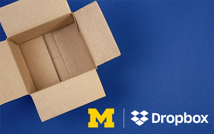 An open cardboard moving box on a blue background. U-M and Dropbox logos.