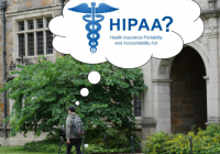 Student walking on campus with a thought bubble showing "HIPAA?"