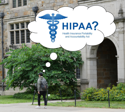 Student walking on campus with a thought bubble showing "HIPAA?"