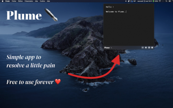 Plume landing page - with the text, "Simple app to resolve a little pain. Free to use forever." 