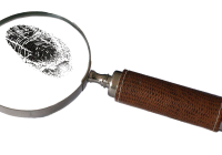 Image of a magnifying glass examining a fingerprint.