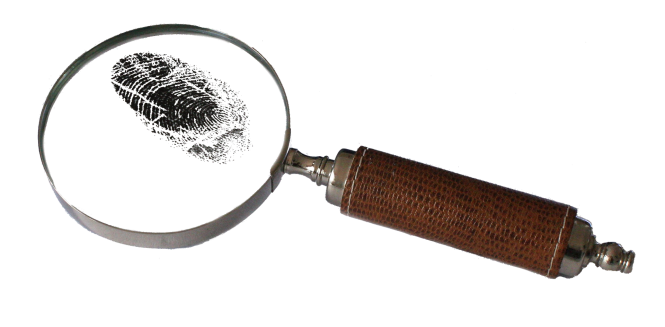 Image of a magnifying glass examining a fingerprint.