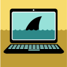 A cartoon laptop with wavy lines to indicated water, and a shark fin just barely visible. 