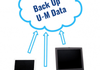 Image of 3 laptops sending data into a cloud labeled Back up U-M Data.