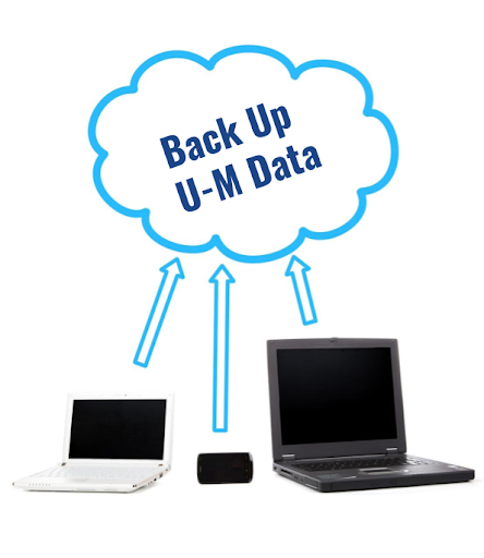 Image of 3 laptops sending data into a cloud labeled Back up U-M Data.