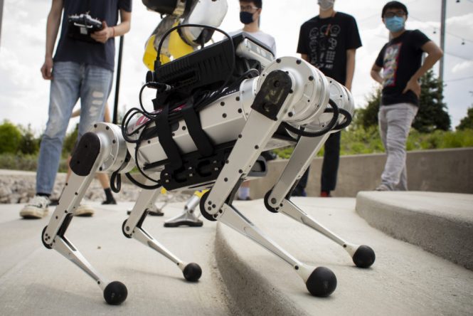 A close up view of the mini cheetah robot.