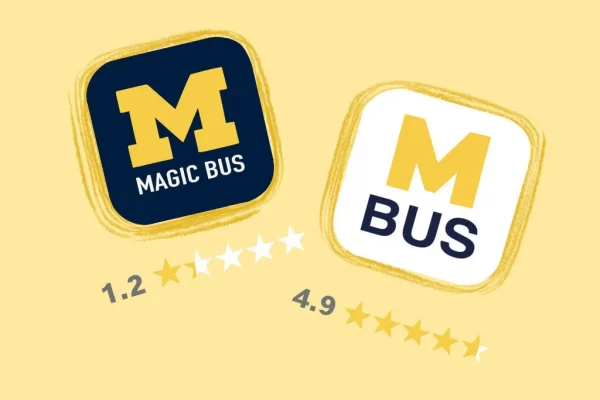 Icons for the official U-M bus app, Magic Bus, and the unofficial bus app, M-Bus.