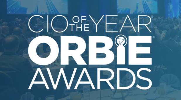 CIO of the Year, ORBIE Awards. White text on a blue decorative background.