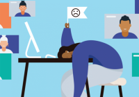 An illustration of a person slumped over their desk. She is holding a white flag with a sad face emoji on it.